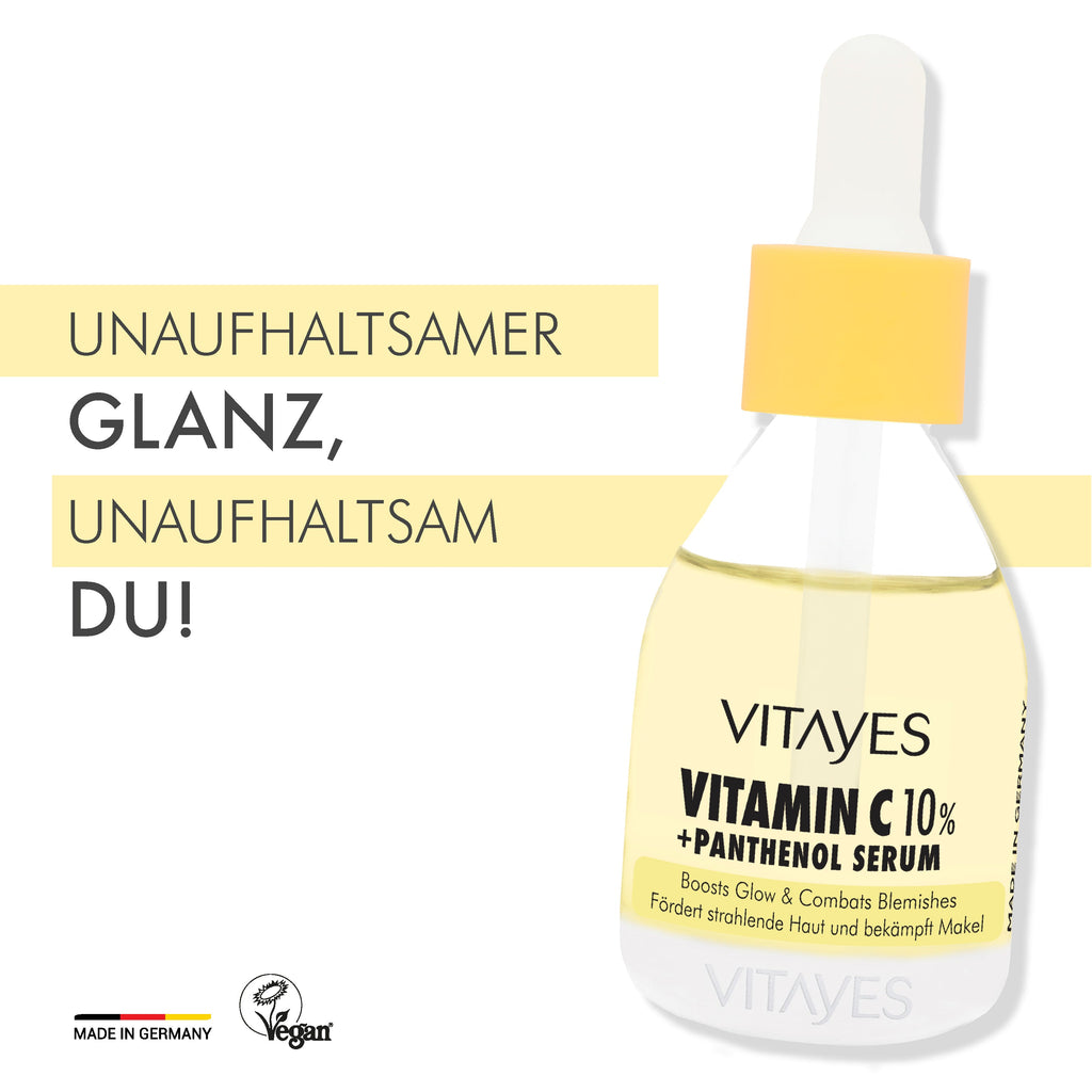 Vitamin C 10% + Panthenol Serum. Hautflecken-Reduktion & Sofortiger Glow 30 ml